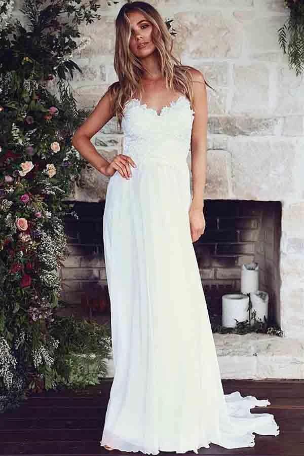 Spaghetti Straps A-Line Wedding Dresses With Lace Appliques (ZD15429) - VelvetHem