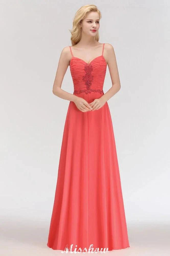 Spaghetti Straps Chiffon Aline Evening Maxi Gown Sleeveless Beading Bridesmaid Dress (ZD12933)
