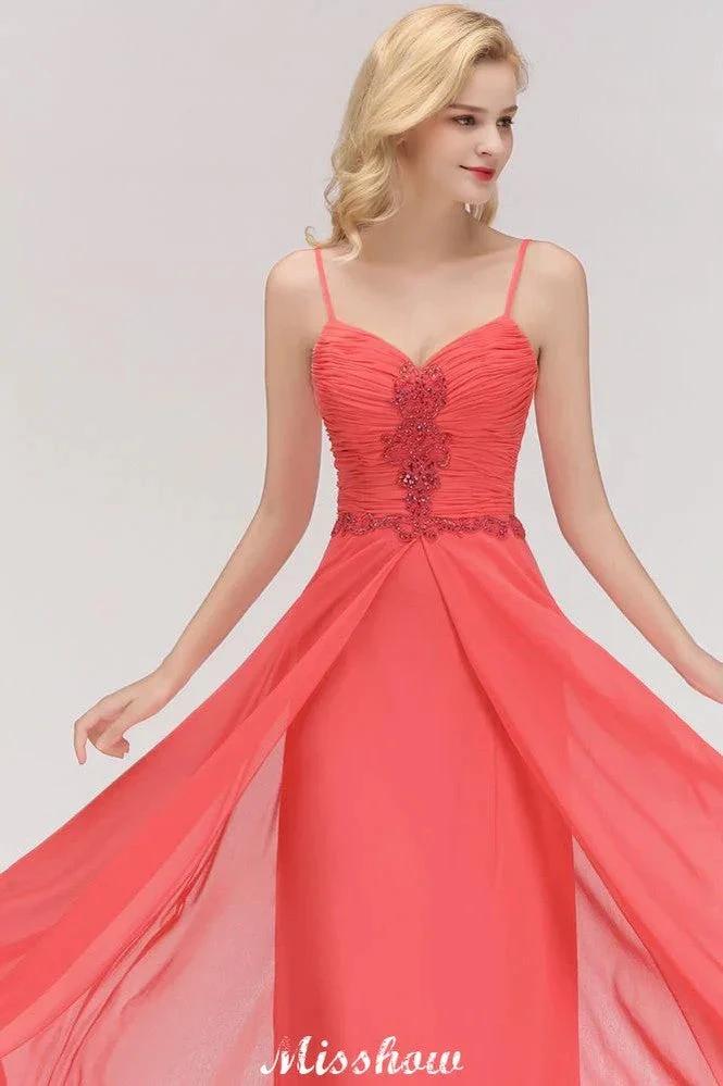 Spaghetti Straps Chiffon Aline Evening Maxi Gown Sleeveless Beading Bridesmaid Dress (ZD12933)