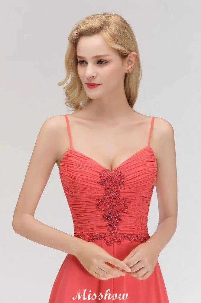 Spaghetti Straps Chiffon Aline Evening Maxi Gown Sleeveless Beading Bridesmaid Dress (ZD12933)