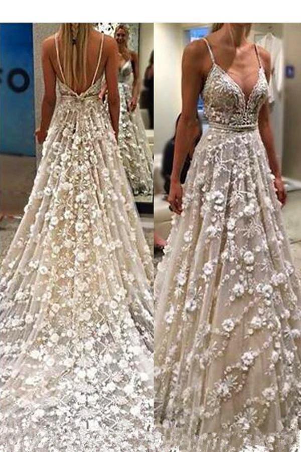 Spaghetti Straps Court Train Backless Wedding Dress With Beading (ZD15357)