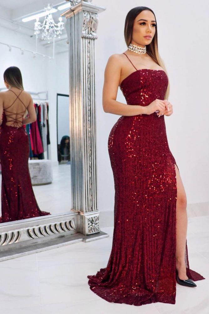 Spaghetti-straps Criss-cross Long Slit Sequins Mermaid Prom Dresses