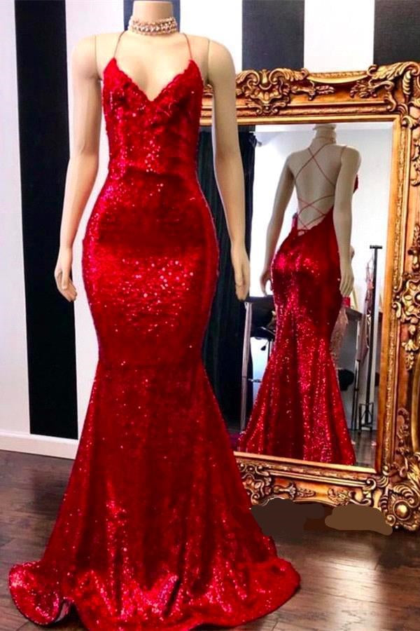 Spaghetti Straps Lace-up Red Sequins V-Neck Mermaid Prom Dresses