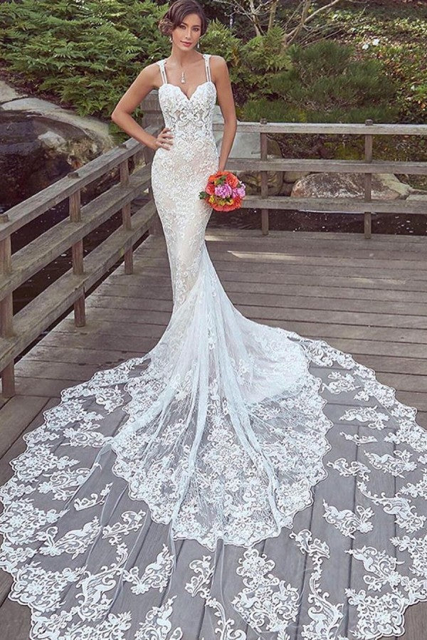 Spaghetti-Straps Lace Wedding Dress Mermaid Bridal Gowns Sleeveless (ZD17524)