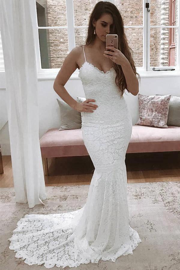 Spaghetti Straps Mermaid All Over Lace Ivory Wedding Dress (ZD16265)