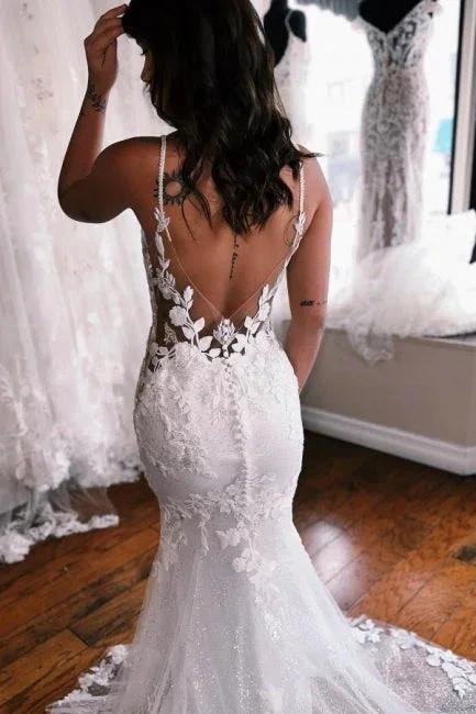 Spaghetti Straps Mermaid Floor Length Lace Wedding Dress with Chapel Train (ZD14890)