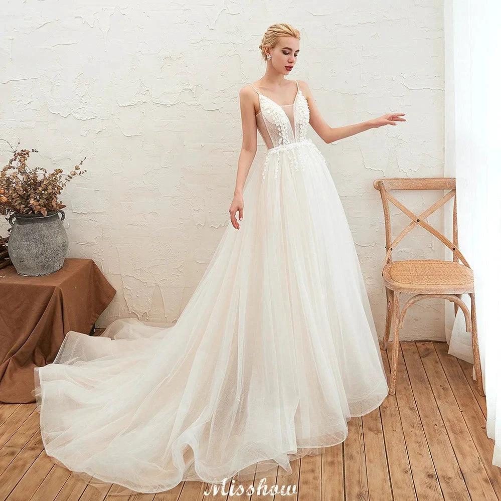Spaghetti Straps Plunging V-Neck Wedding Dress Low Back Champagne Bridal Gown (ZD13981)