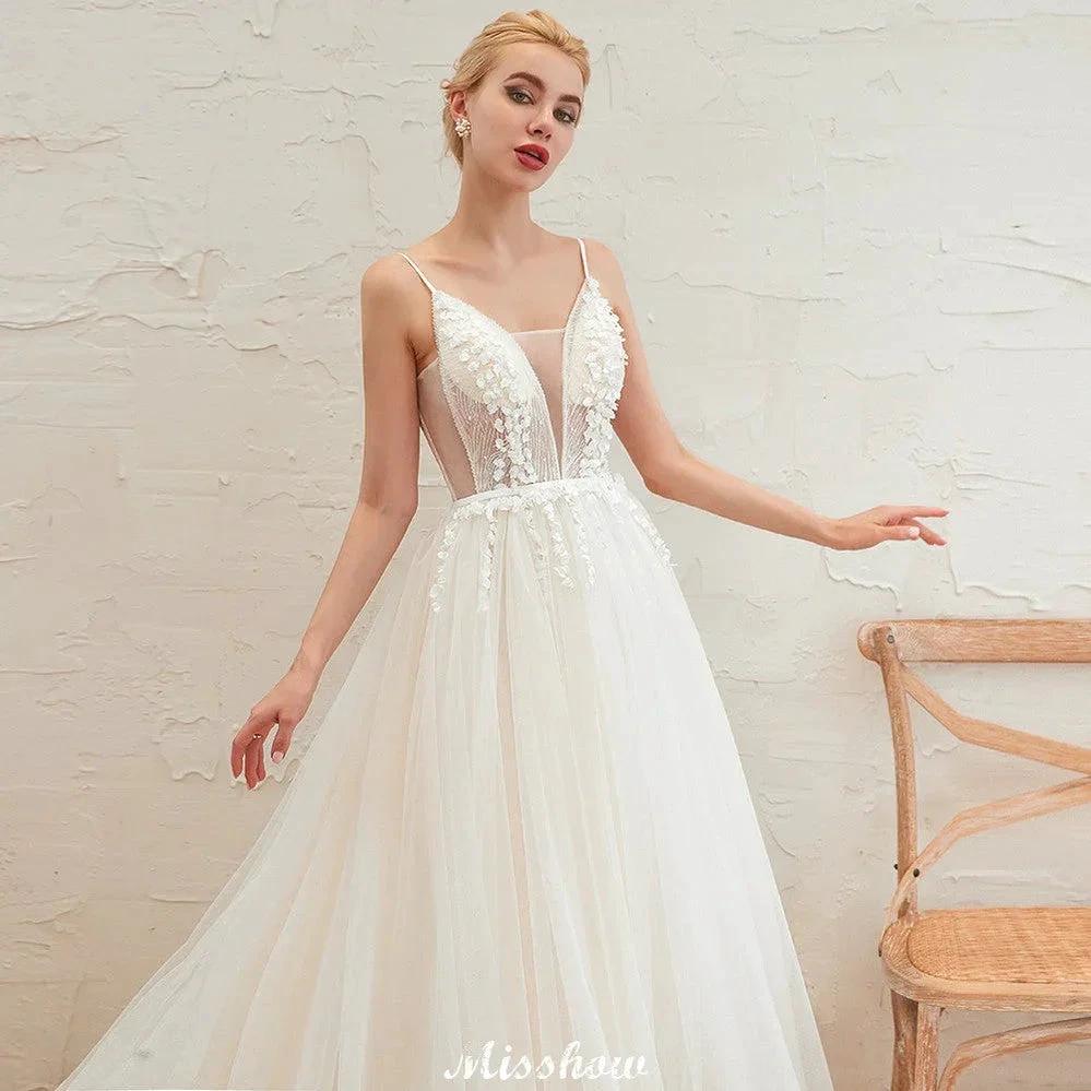 Spaghetti Straps Plunging V-Neck Wedding Dress Low Back Champagne Bridal Gown (ZD13981)