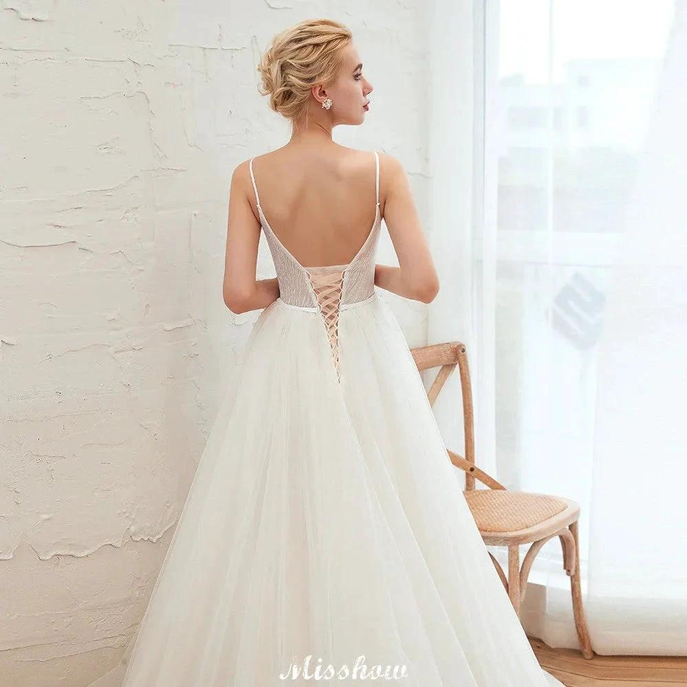 Spaghetti Straps Plunging V-Neck Wedding Dress Low Back Champagne Bridal Gown (ZD13981)