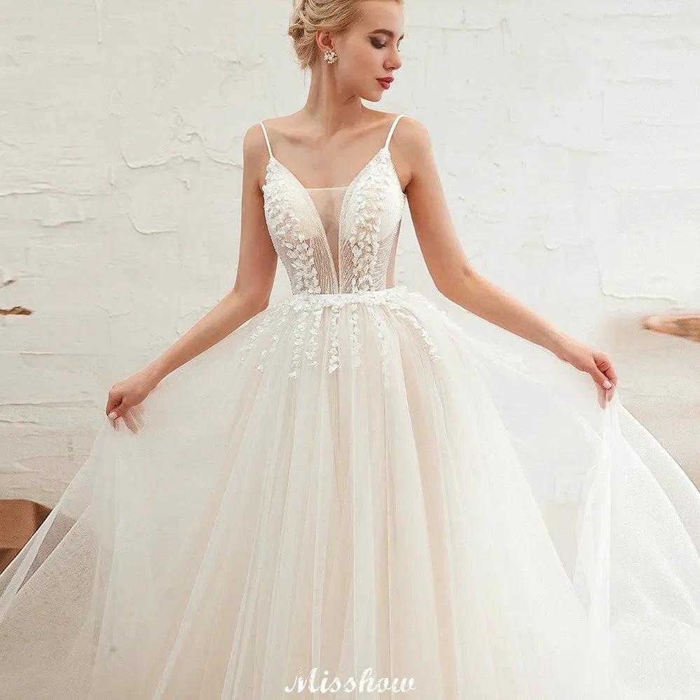Spaghetti Straps Plunging V-Neck Wedding Dress Low Back Champagne Bridal Gown (ZD13981)