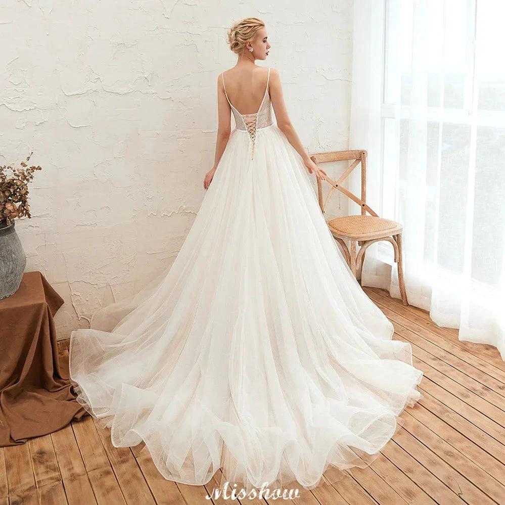 Spaghetti Straps Plunging V-Neck Wedding Dress Low Back Champagne Bridal Gown (ZD13981) - View 2 | VelvetHem