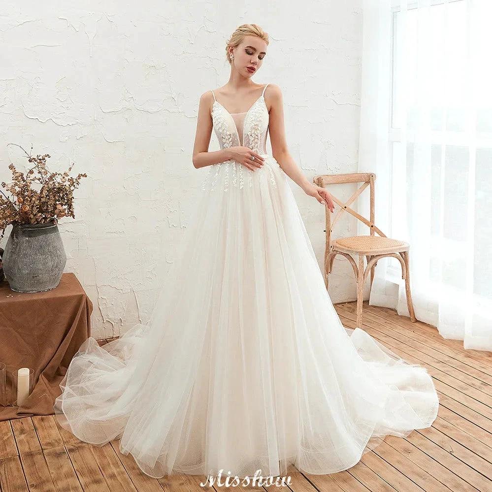 Spaghetti Straps Plunging V-Neck Wedding Dress Low Back Champagne Bridal Gown (ZD13981)