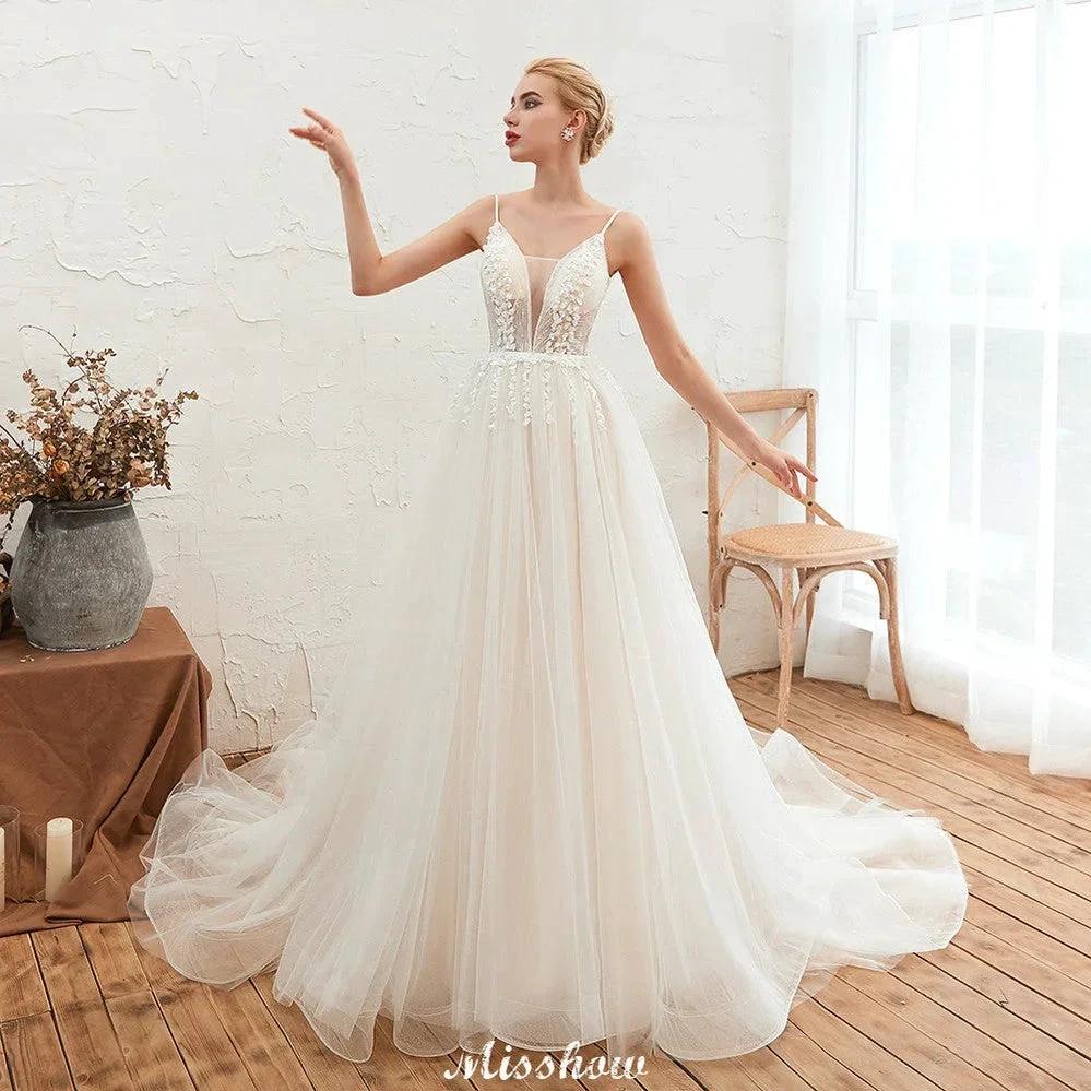 Spaghetti Straps Plunging V-Neck Wedding Dress Low Back Champagne Bridal Gown (ZD13981) - View 7 | VelvetHem