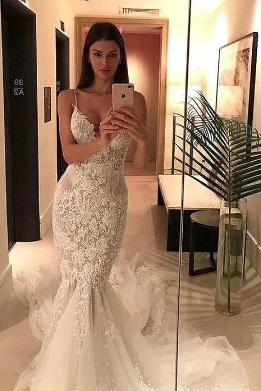 Spaghetti Straps Pretty Mermaid Appliqued V-neck Tulle Elegant Wedding Dresses (ZD14724)