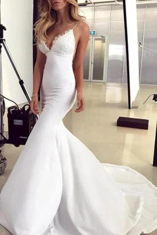 Spaghetti Straps Pretty Mermaid Lace Appliques Sexy Backless Elegant Wedding Dresses (ZD16577)