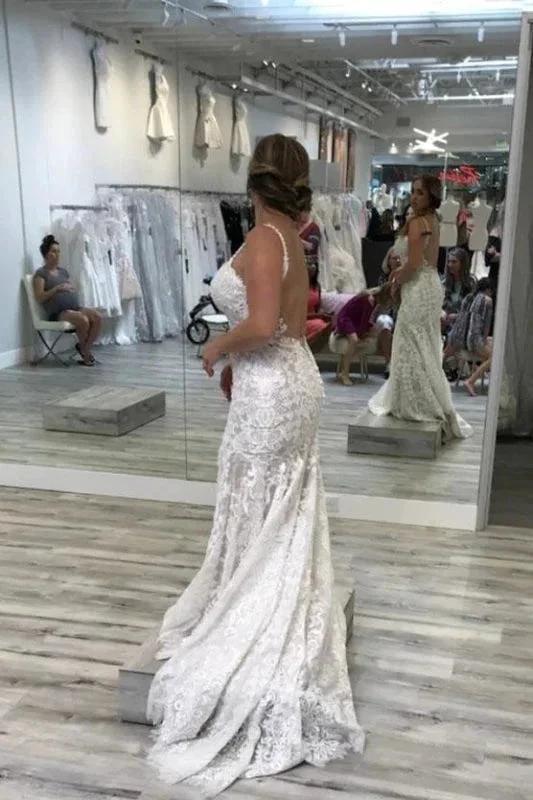 Spaghetti Straps Pretty Mermaid V Neck Backless Lace Elegant Wedding Dresses (ZD14714)