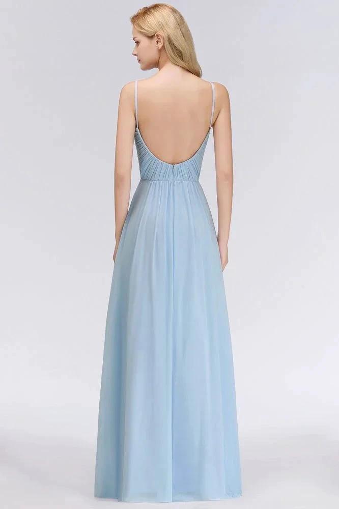 Spaghetti Straps Ruggle Chiffon Bridesmaid Dress Sky Blue A-line Wedding Party Dress (ZD13092)