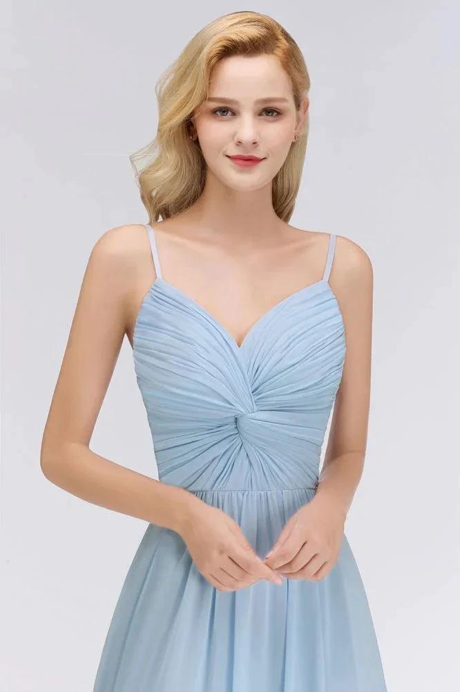 Spaghetti Straps Ruggle Chiffon Bridesmaid Dress Sky Blue A-line Wedding Party Dress (ZD13092)