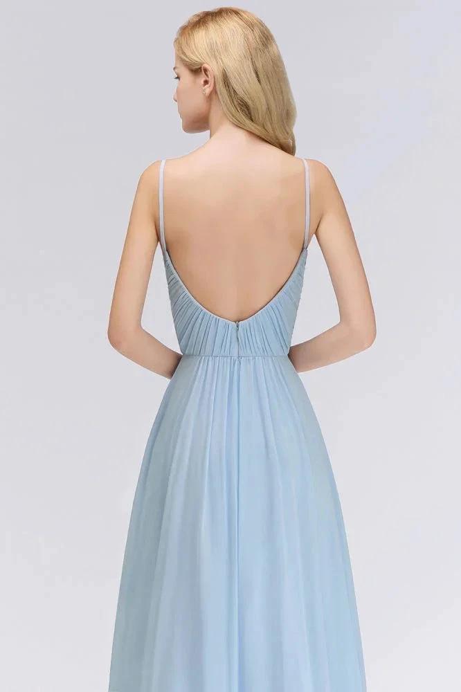 Spaghetti Straps Ruggle Chiffon Bridesmaid Dress Sky Blue A-line Wedding Party Dress (ZD13092)
