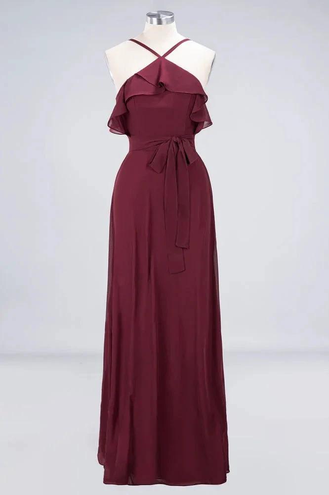 Spaghetti-Straps Sleeveless Ruffles Floor-Length Bridesmaid Dress with Bow Sash (ZD13111)