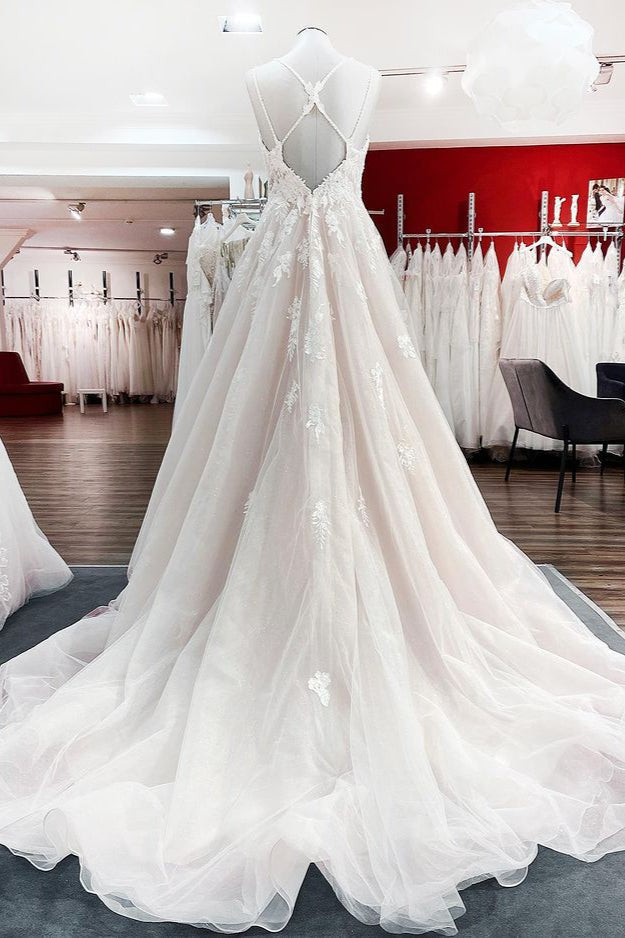 Spaghetti Straps Tulle V Neck Ivory Ruffles Wedding Dresses With Lace (ZD17536)