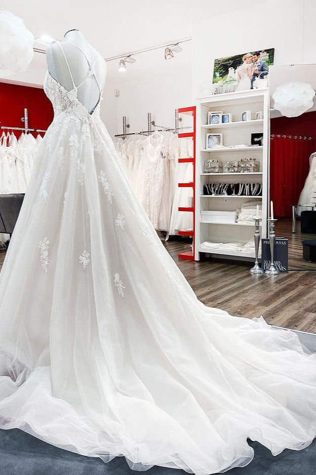 Spaghetti Straps Tulle V Neck Ivory Ruffles Wedding Dresses With Lace (ZD17536) - View 3 | VelvetHem