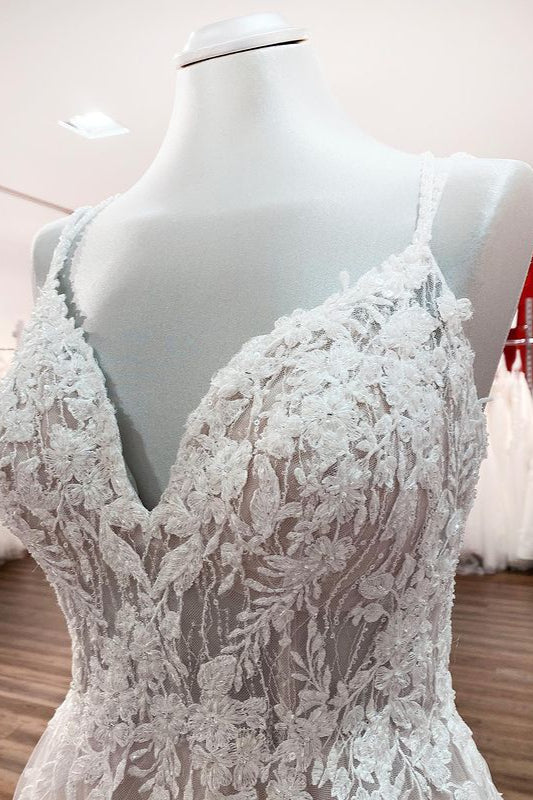 Spaghetti Straps Tulle V Neck Ivory Ruffles Wedding Dresses With Lace (ZD17536)