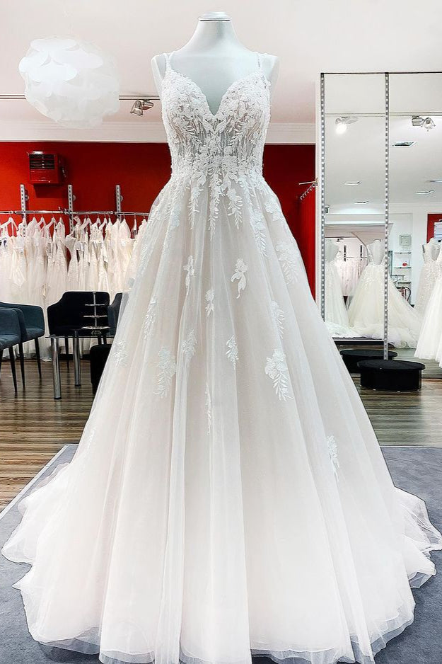 Spaghetti Straps Tulle V Neck Ivory Ruffles Wedding Dresses With Lace (ZD17536)