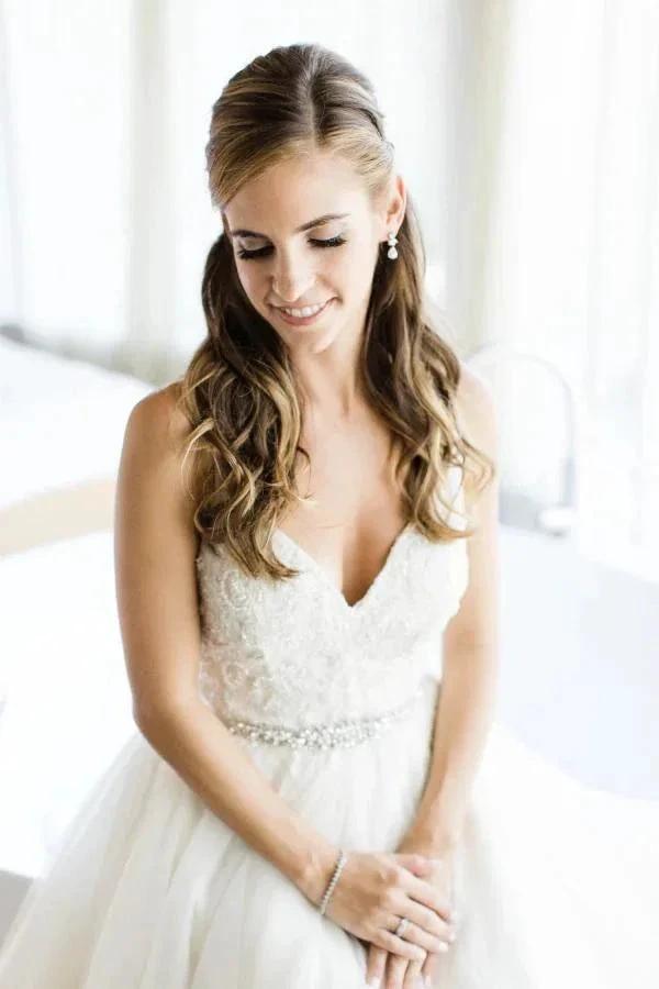 Spaghetti Straps V-neck A-line Wedding Dress with Crystals Belt (ZD16258)
