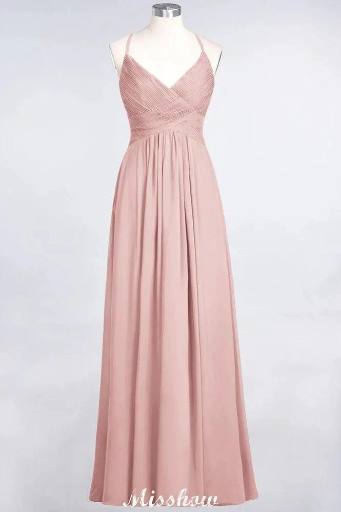 Spaghetti-Straps V-Neck Sleeveless Floor-Length Bridesmaid Dress by misshow.com