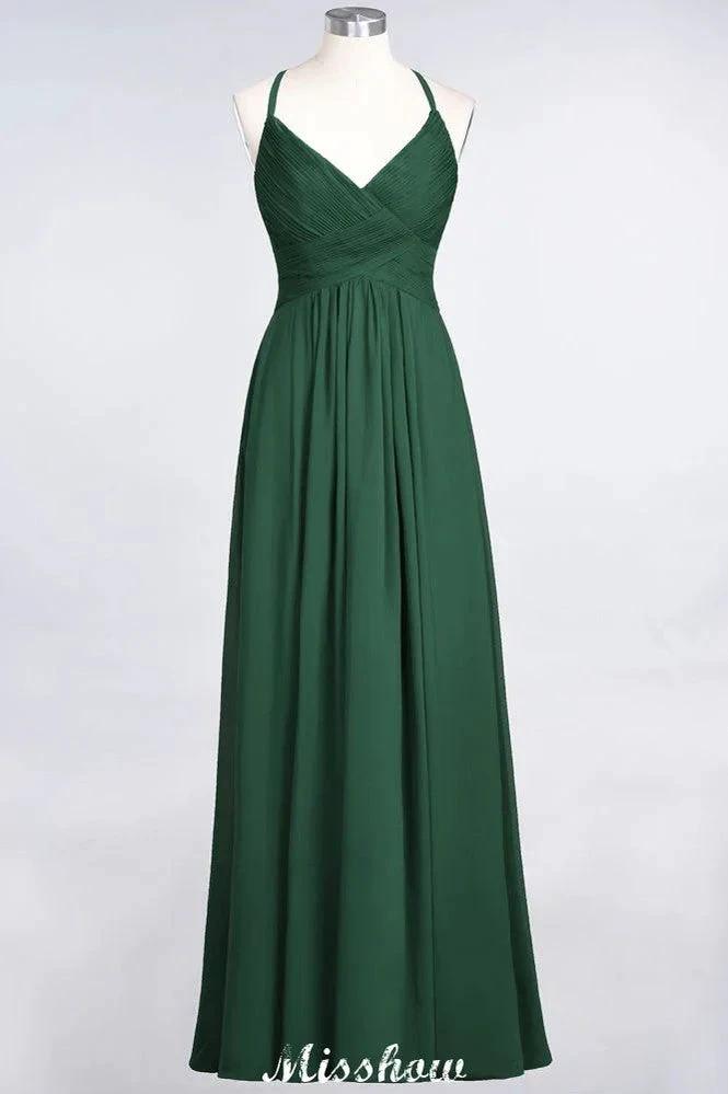 Spaghetti-Straps V-Neck Sleeveless Floor-Length Bridesmaid Dress by misshow.com