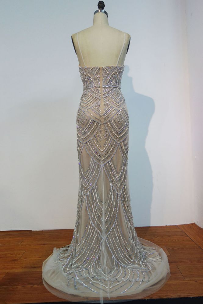 Spaghetti Sweetheart Mermaid Long Sequined Beading Prom Dresses with Pearls and Crystals - View 2 | VelvetHem