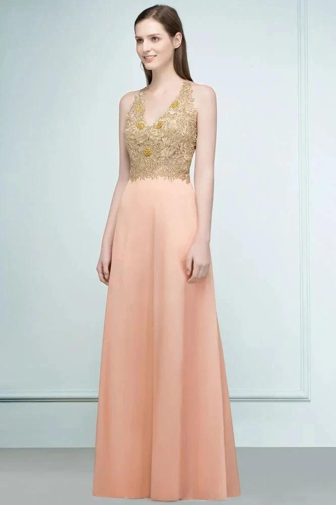 Spaghetti V-neck A-line Floor Length Appliqued Chiffon Bridesmaid Dresses (ZD13131)