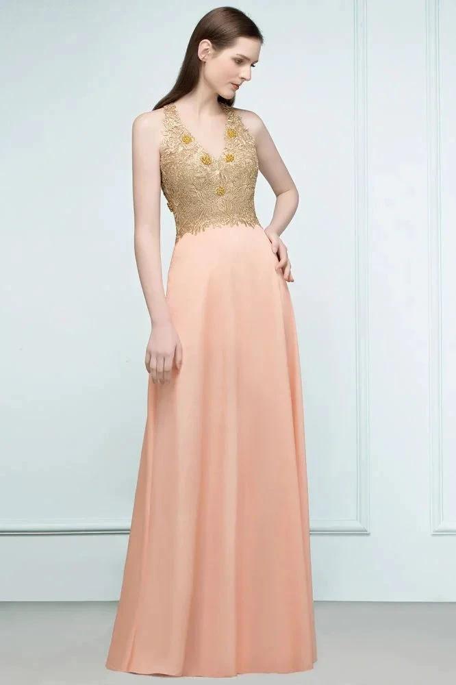 Spaghetti V-neck A-line Floor Length Appliqued Chiffon Bridesmaid Dresses (ZD13131)