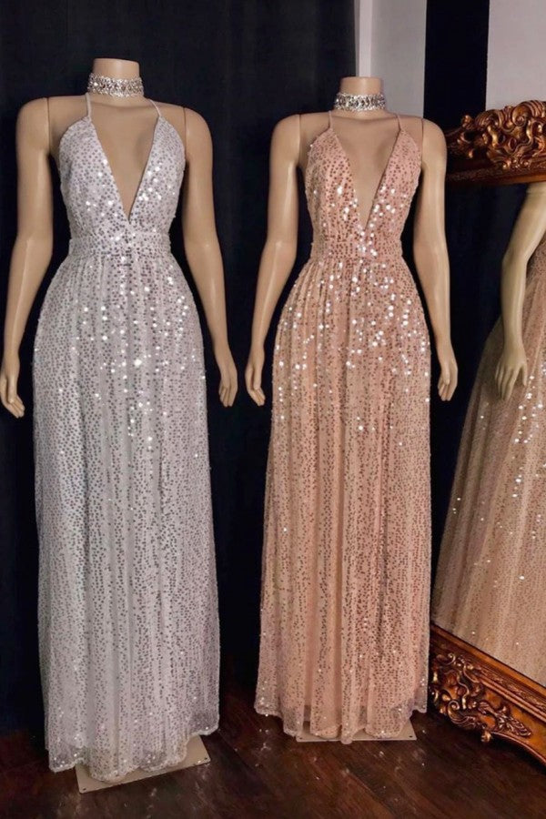 Spaghetti V-Neck Polka Sequins Tulle Floor-Length Mermaid Prom Dresses
