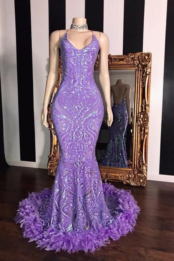 Spaghetti V-Neck Sequins Floor-Length Fur Train Mermaid Prom Dresses
