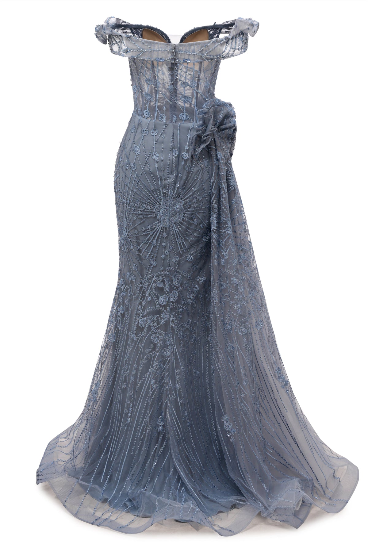 Sparkle Beaded Gray Off the shoulder Flowers Evening Dresses