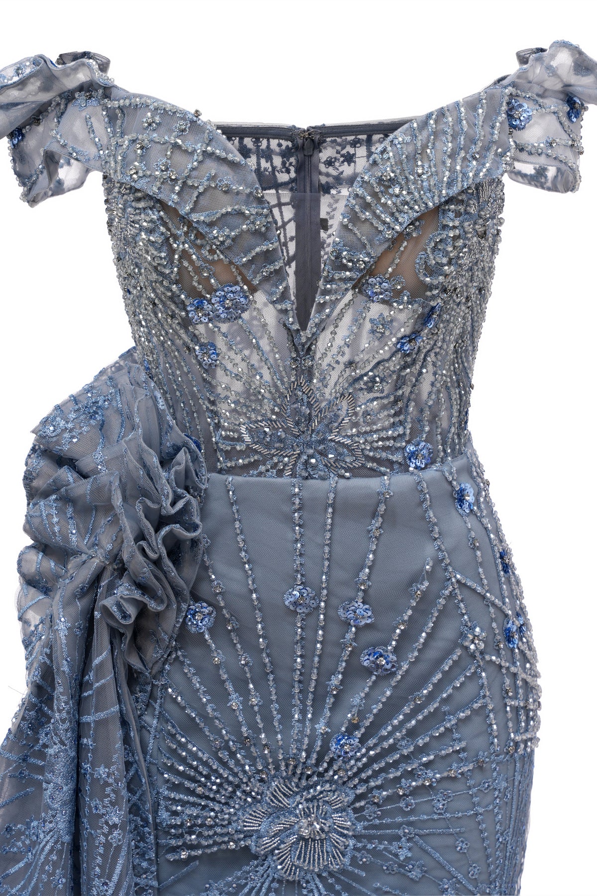Sparkle Beaded Gray Off the shoulder Flowers Evening Dresses