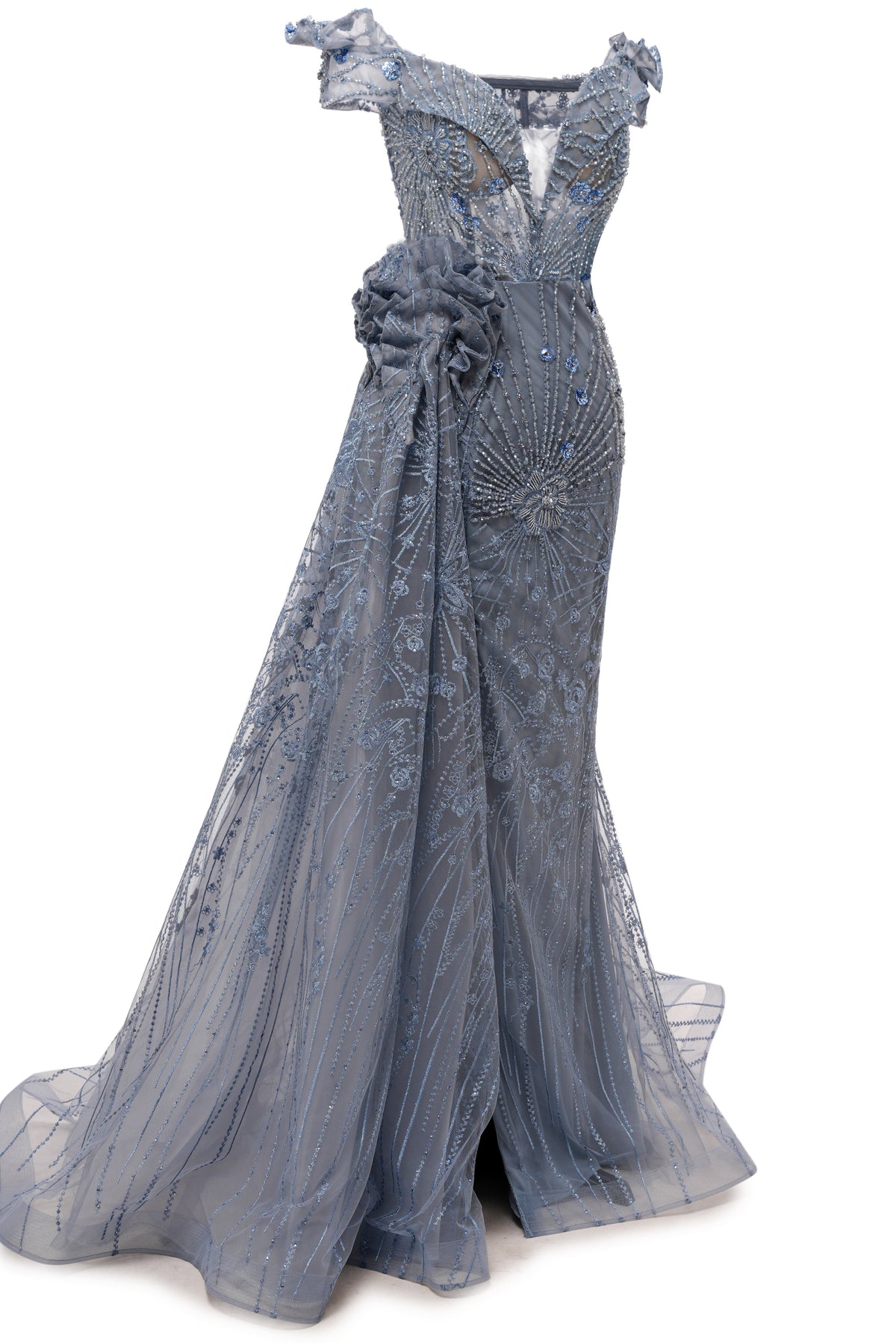 Sparkle Beaded Gray Off the shoulder Flowers Evening Dresses