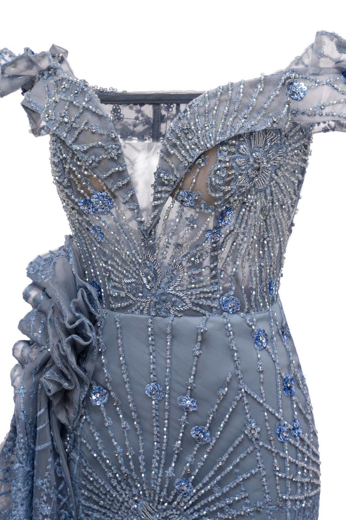 Sparkle Beaded Gray Off the shoulder Flowers Evening Dresses