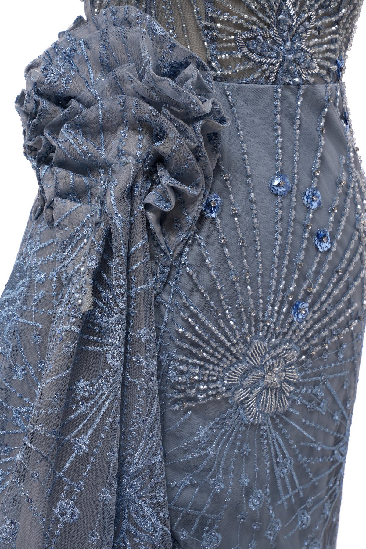 Sparkle Beaded Gray Off the shoulder Flowers Evening Dresses