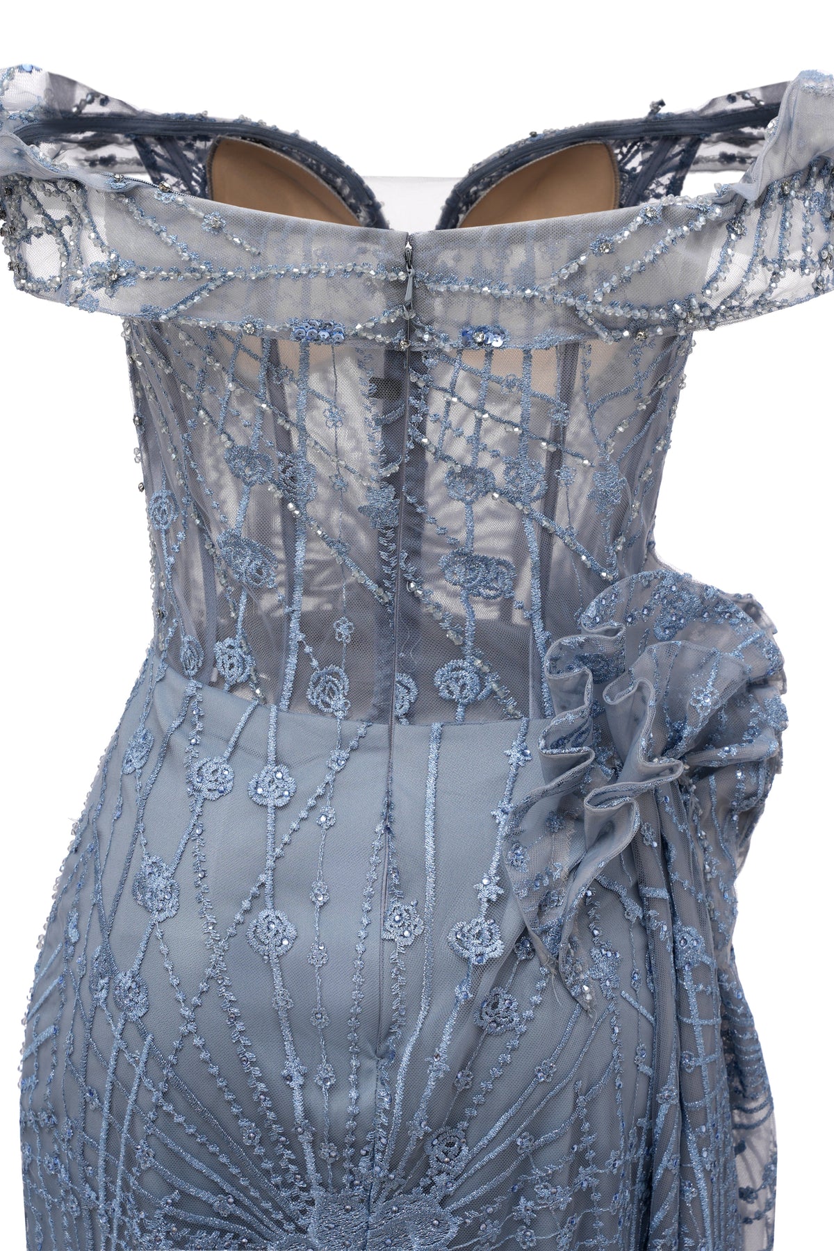 Sparkle Beaded Gray Off the shoulder Flowers Evening Dresses