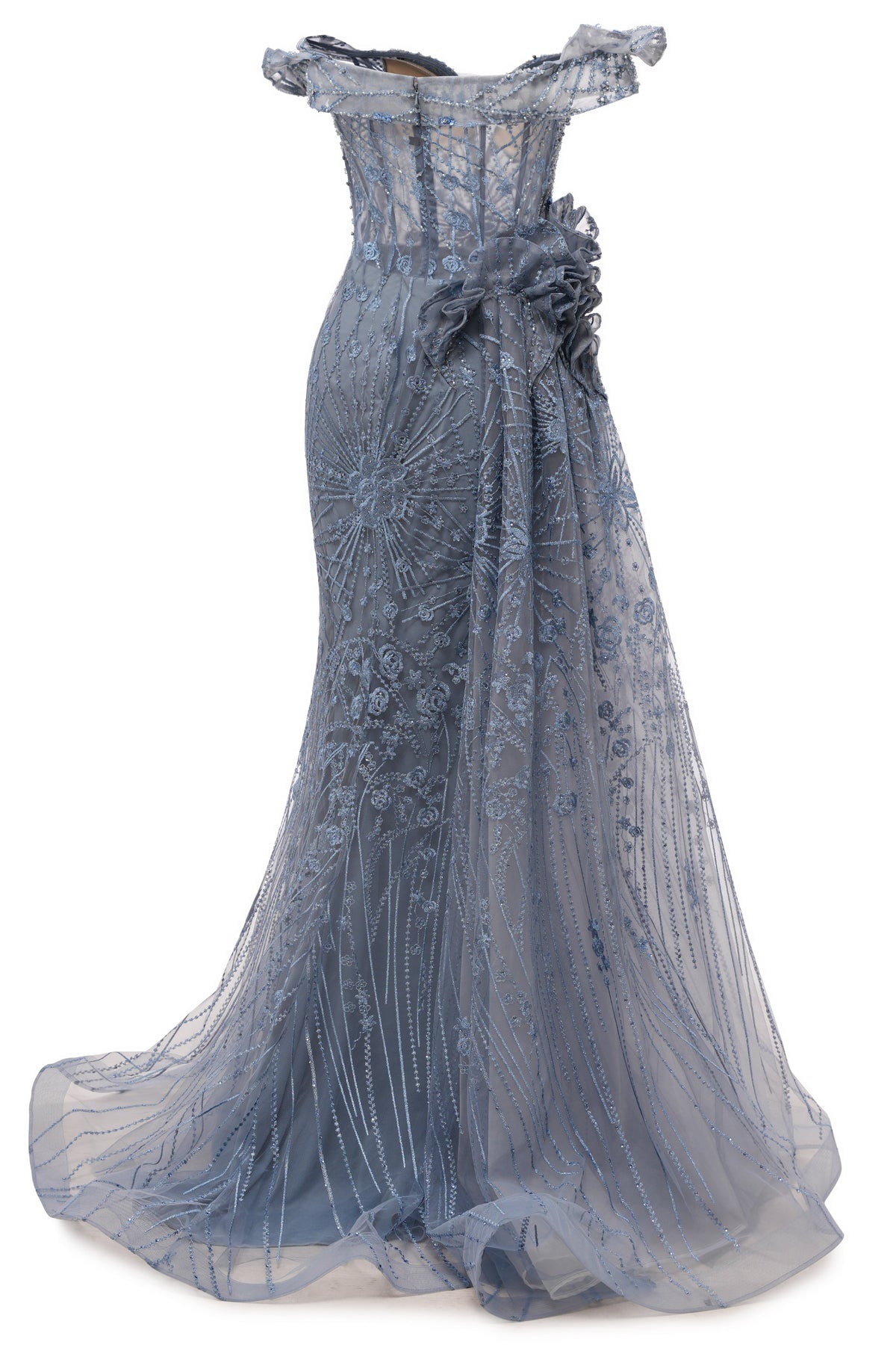 Sparkle Beaded Gray Off the shoulder Flowers Evening Dresses
