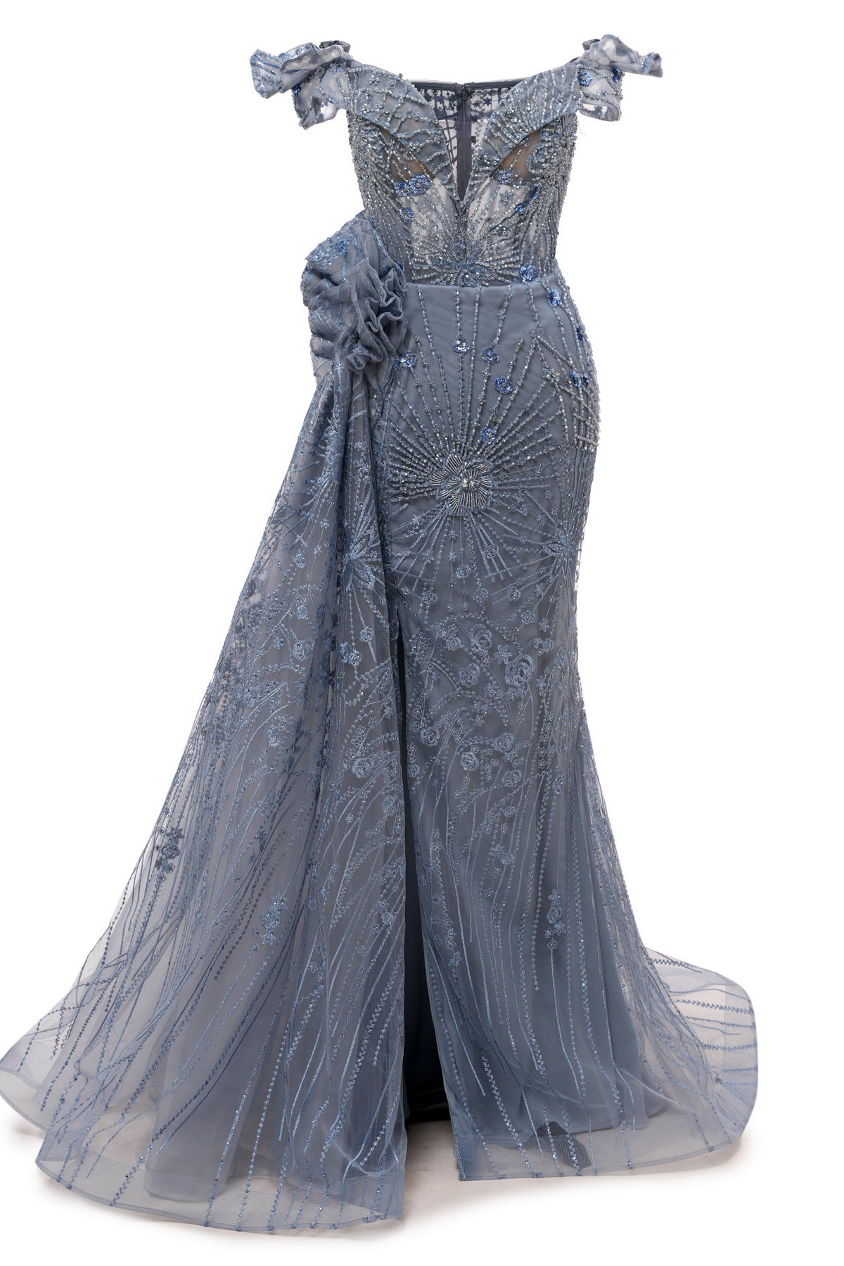 Sparkle Beaded Gray Off the shoulder Flowers Evening Dresses