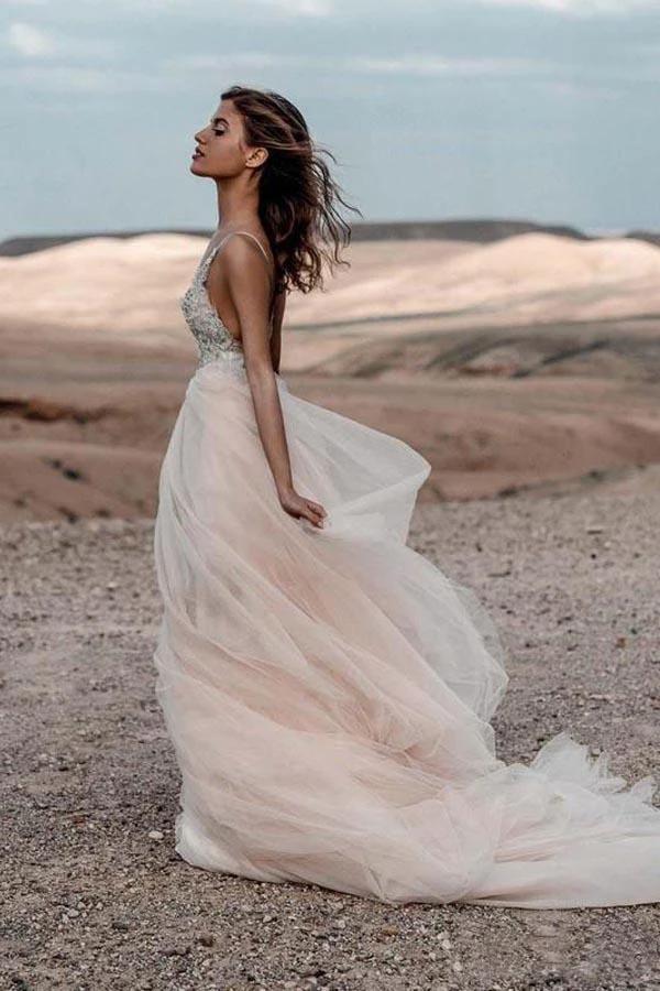 Sparkle Beading A-line V-neck Wedding Dresses Backless Bridal Gowns (ZD16368)