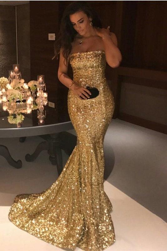Sparkle Gold Sequins Mermaid Evening Gowns Chic Strapless Prom Dresses