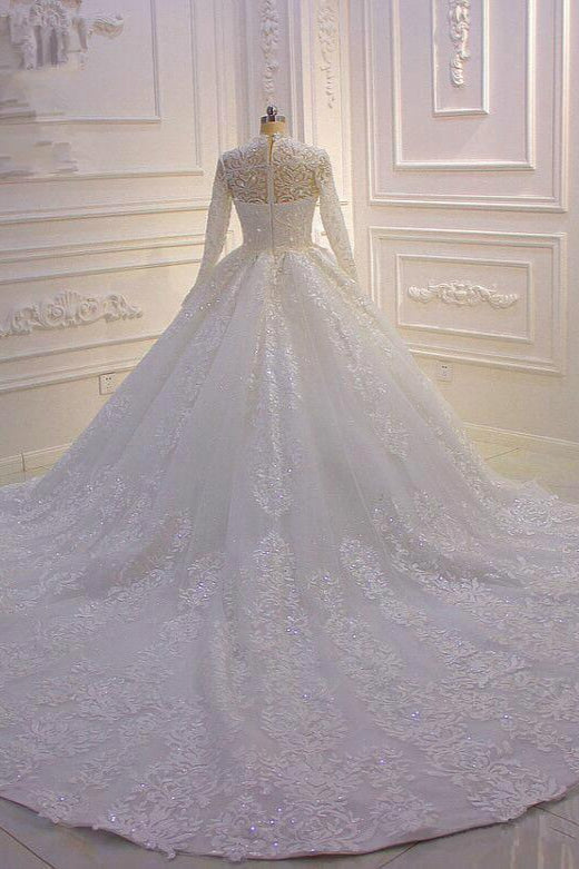 Sparkle Lace Ball Gown High Neck Tulle Long Sleevess Wedding Dress
