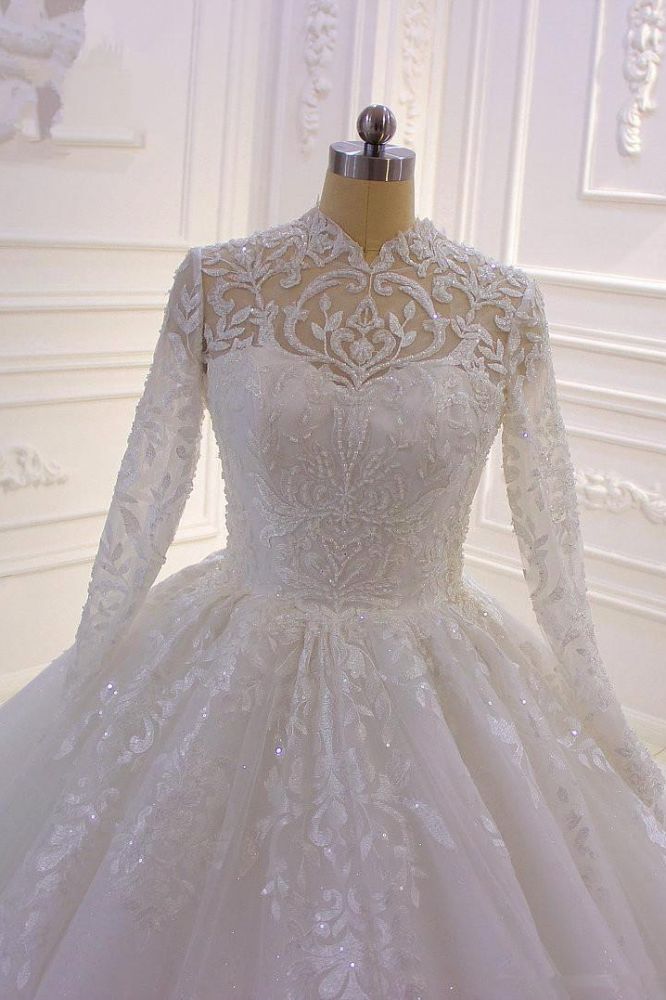 Sparkle Lace Ball Gown High Neck Tulle Long Sleevess Wedding Dress