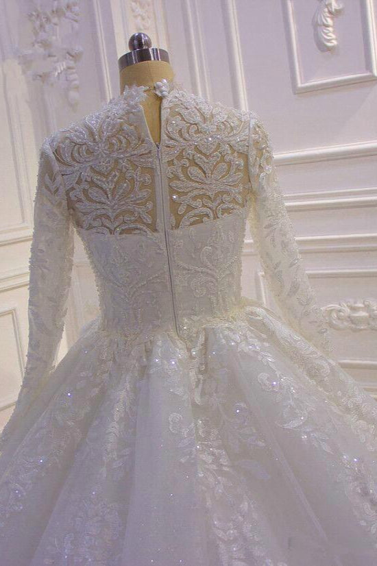 Sparkle Lace Ball Gown High Neck Tulle Long Sleevess Wedding Dress