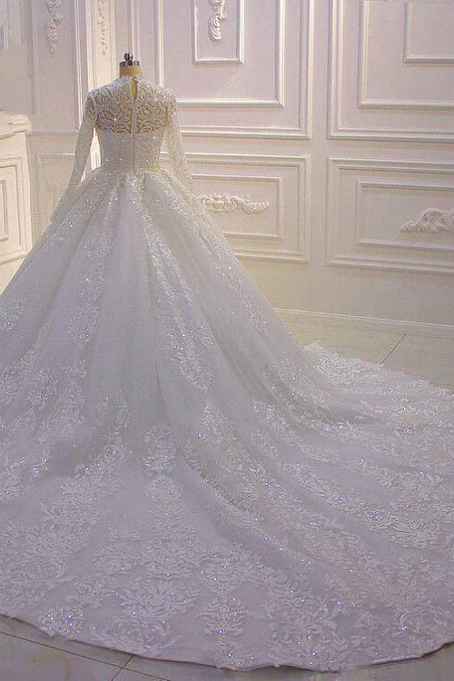 Sparkle Lace Ball Gown High Neck Tulle Long Sleevess Wedding Dress